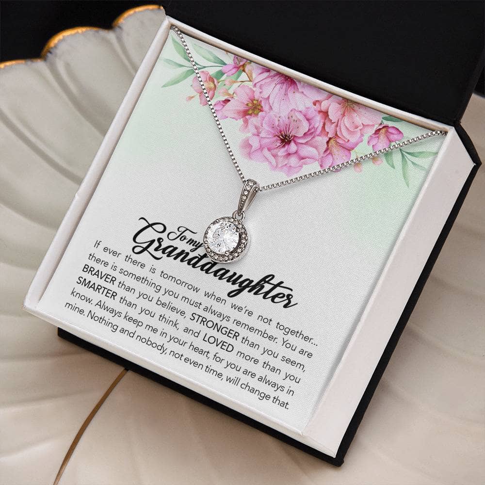 Alt text: "Personalized Granddaughter Necklace - Eternal Hope Design in LED-lit mahogany-style box"