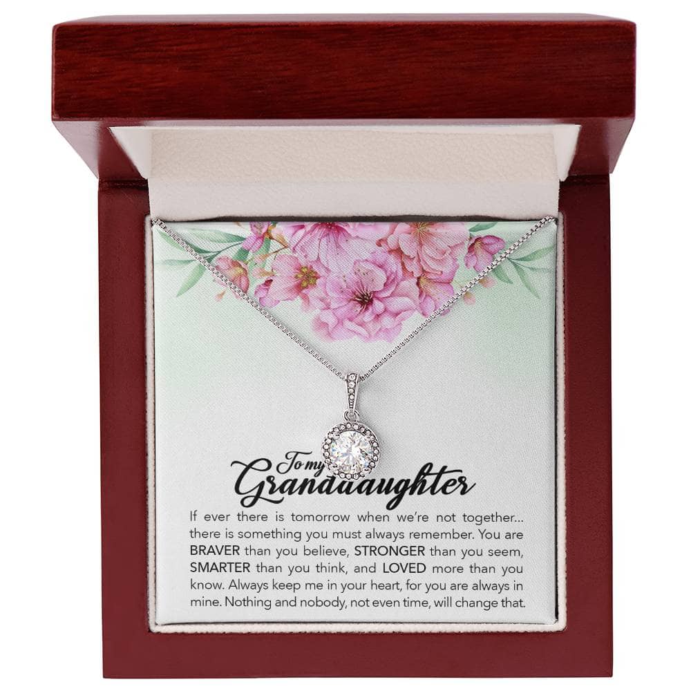 Alt text: "Personalized Granddaughter Necklace - Eternal Hope Design, a heart-shaped pendant necklace in a luxurious LED-lit mahogany-style box."