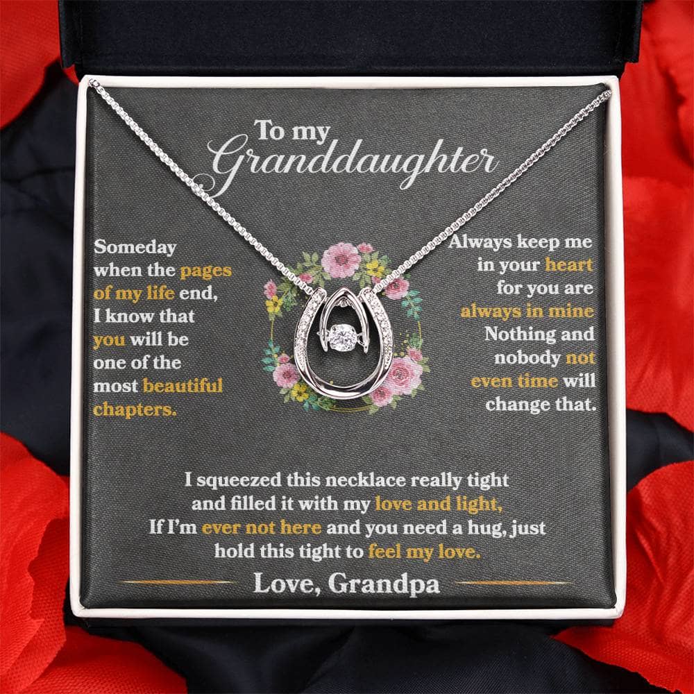 Alt text: "Personalized Granddaughter Necklace in a box - white gold-plated pendant with cubic zirconia and adjustable chain"
