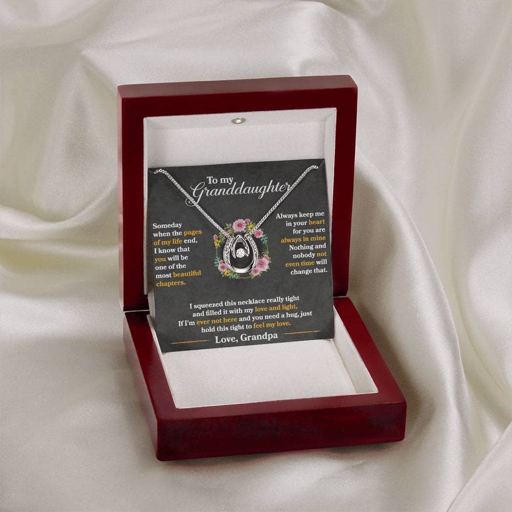 Alt text: "Personalized Granddaughter Necklace - necklace in box with heart-shaped pendant and LED-lit mahogany-style box"