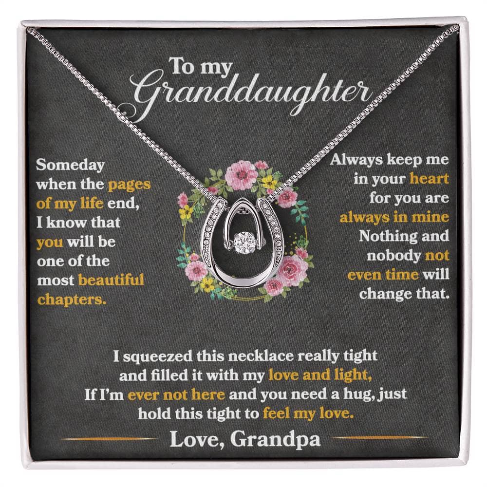 Alt text: "Personalized Granddaughter Necklace - horse shoe pendant and flowers, white gold-plated, cubic zirconia crystal, adjustable box chain necklace"