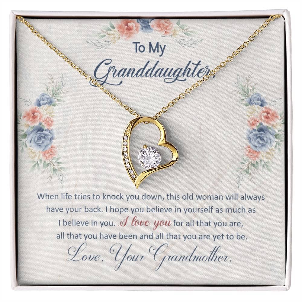 A necklace in a box featuring a gold heart with a diamond. Personalized Granddaughter Necklace of Love, crafted with premium materials and a symbol of the deep bond between grandparents and granddaughters. Adjustable chains for comfort and versatility. Packaged in a luxury box with LED lighting.