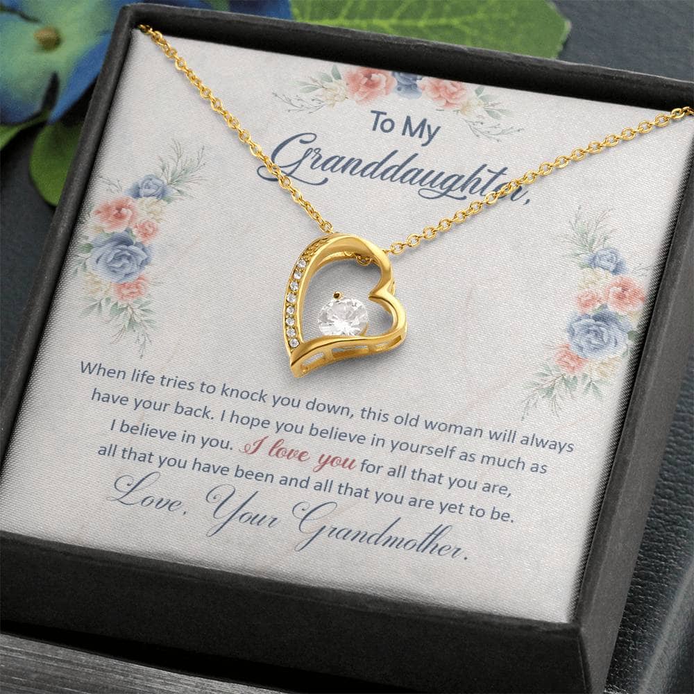 A necklace in a box featuring a heart-shaped pendant, symbolizing the bond between a grandparent and grandchild. Crafted with premium materials and adjustable chains for comfort. Perfect for everyday wear or special occasions. Packaged in a luxury box with LED lighting.