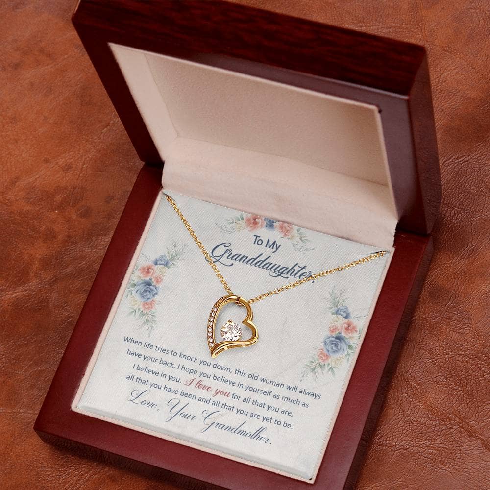 Alt text: "Personalized Granddaughter Necklace of Love - Gold necklace in a box with heart-shaped pendant and diamond, symbolizing the bond between grandparents and granddaughters."
