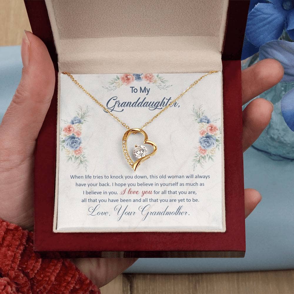 Alt text: "Close-up of Personalized Granddaughter Necklace with heart-shaped pendant and diamond, elegantly presented in a luxury box with LED lighting."