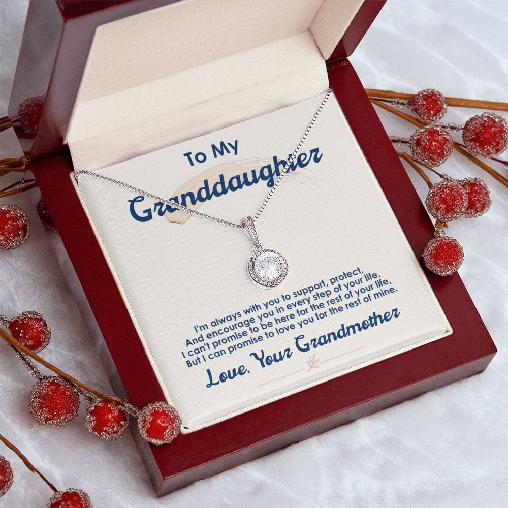 A necklace in a box with berries, a sentimental gift for grandmothers and granddaughters. Personalized Granddaughter Necklace with Cubic Zirconia.