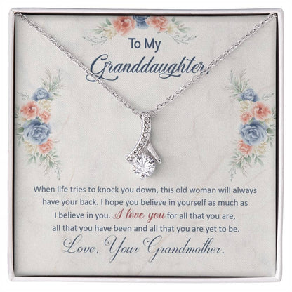 Alt text: "Personalized Grandmother's Love Necklace in a box with cushion-cut cubic zirconia pendant and adjustable chain"