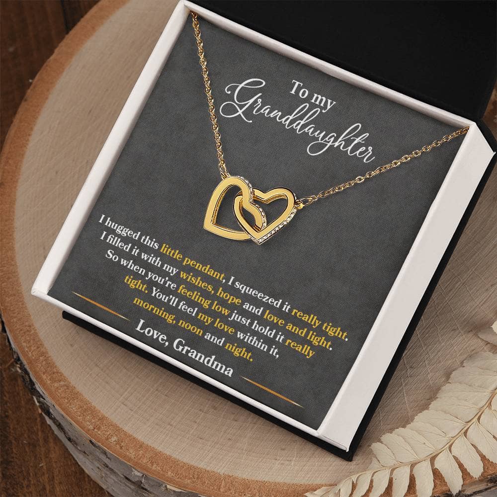 Alt text: "Personalized Love-infused Necklace for Granddaughters in a lavish mahogany-style box with LED lighting"