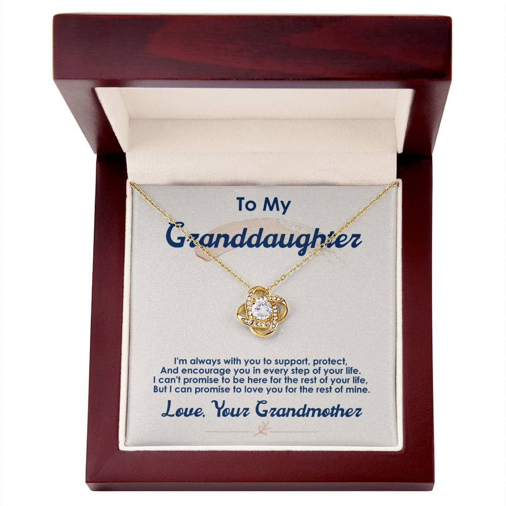 Alt text: "Personalized Love Knot Necklace for Granddaughter in a box, featuring a diamond pendant on an adjustable chain"