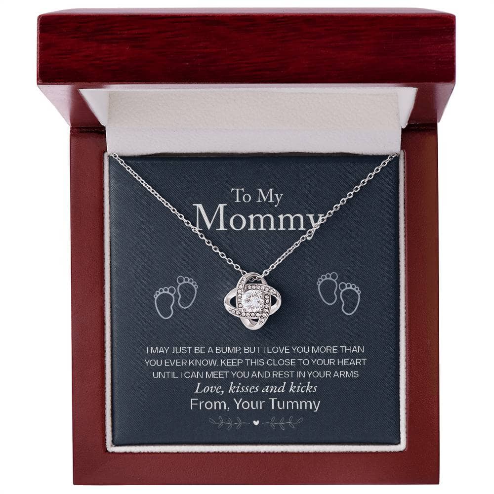 A close-up of a Personalized Mother Necklace - A Gift Of Love From Child, elegantly encased in a mahogany-style luxury box with LED lighting.