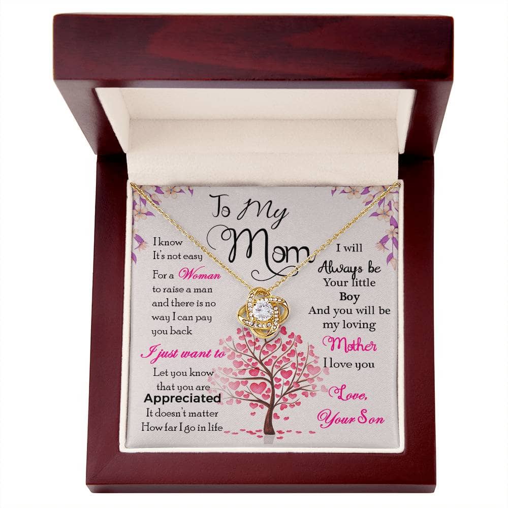Alt text: "Personalized Mother Necklace in a box with LED lighting - Elegant gift from son or daughter - Celebrating the bond between mothers and children - Cushion-cut cubic zirconia stones - Adjustable chain - Mahogany-style luxury box"