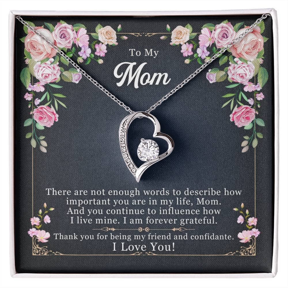 Alt text: "Personalized Mother Necklace - Forever Love Pendant Gift: A necklace in a box with a heart-shaped pendant and a diamond detail."