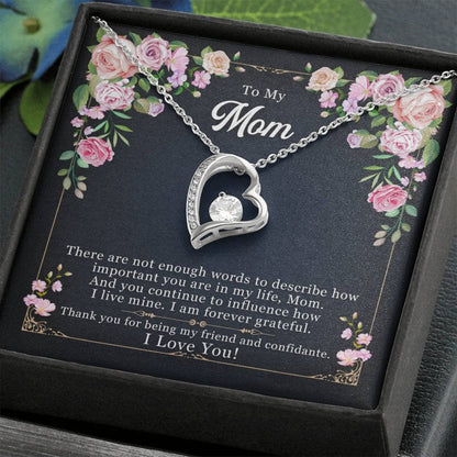 Alt text: "Personalized Mother Necklace - Forever Love Pendant Gift in a box with heart-shaped pendant and cubic zirconia. Perfect for expressing love and appreciation to mothers. Crafted from high-quality materials."