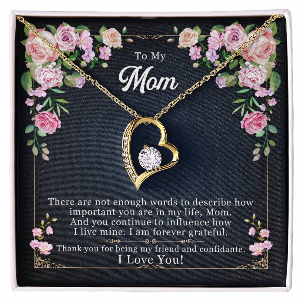 Alt text: "Personalized Mother Necklace - Forever Love Pendant Gift: A heart-shaped pendant with a diamond in the middle, symbolizing the unbreakable bond between a mother and child."