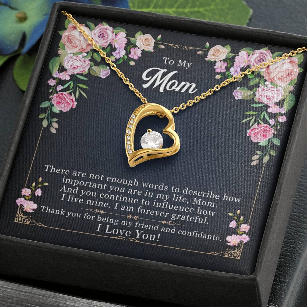 Alt text: "Personalized Mother Necklace - Forever Love Pendant Gift in a box with a gold heart and diamond. Celebrate the bond between mothers and children with this elegant necklace."