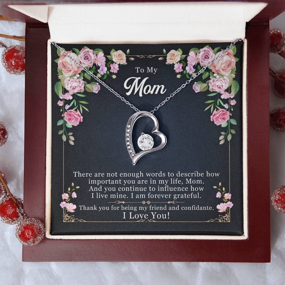 Alt text: "Personalized Mother Necklace - Forever Love Pendant Gift: A necklace in a box with a heart-shaped pendant and a diamond detail."