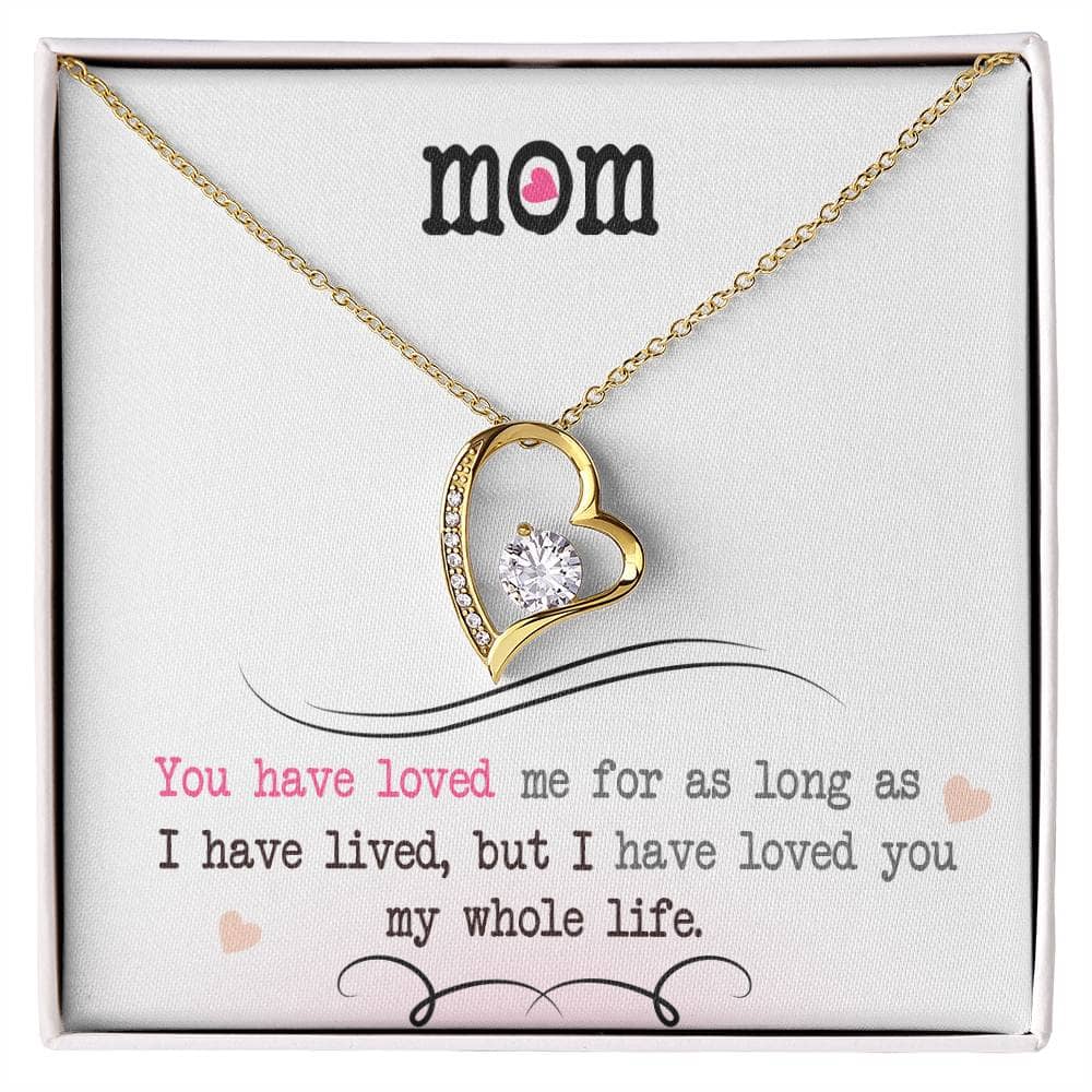 Alt text: "Personalized Mother Necklace Gift, Forever Love Pendant in a box - a gold heart with a diamond in it, a symbol of undying love and connection between mother and child."
