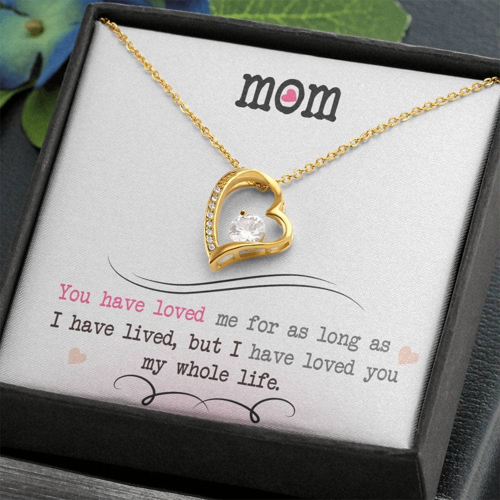 Alt text: "Personalized Mother Necklace Gift, Forever Love Pendant in a box - a necklace with a cushion-cut cubic zirconia, symbolizing the unyielding bond between mother and child."