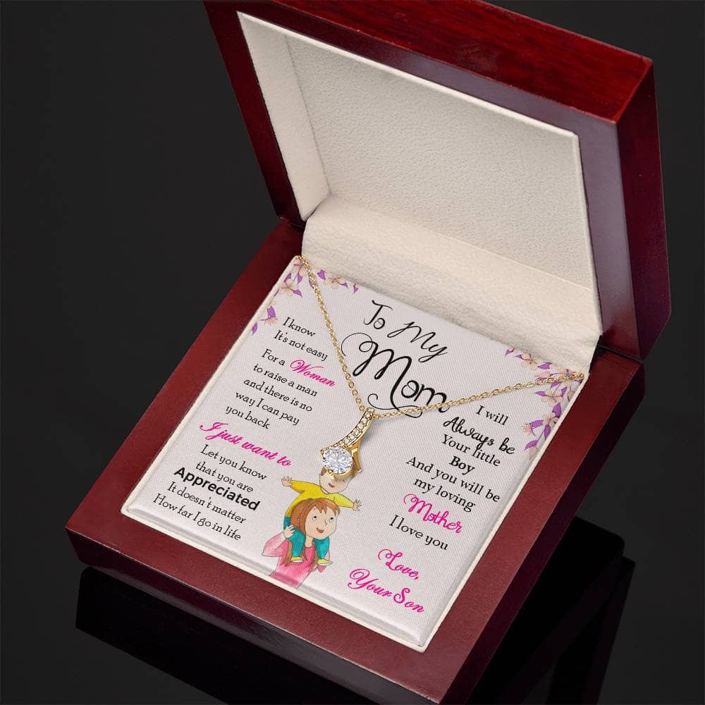 Alt text: "Customized Mother Necklace in a box - a symbol of love and connection, featuring a heart-shaped pendant and adjustable chain. Crafted with cushion-cut cubic zirconia in 14k white gold or 18k yellow gold finish. Packaged luxuriously in a mahogany-style box with LED lighting."