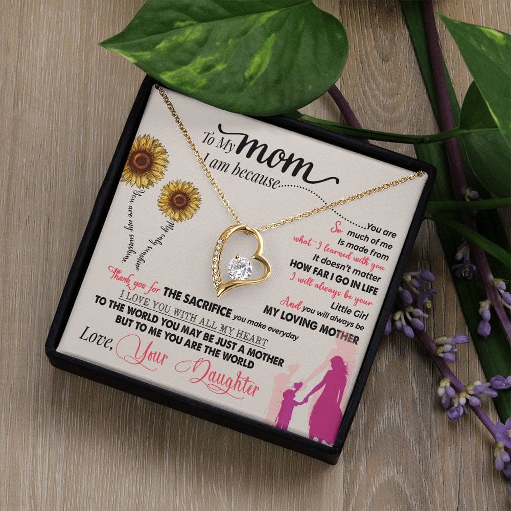 Alt text: "A necklace in a box with a heart-shaped pendant, symbolizing the bond between mothers and children, from the Personalized Mother Necklace Collection"