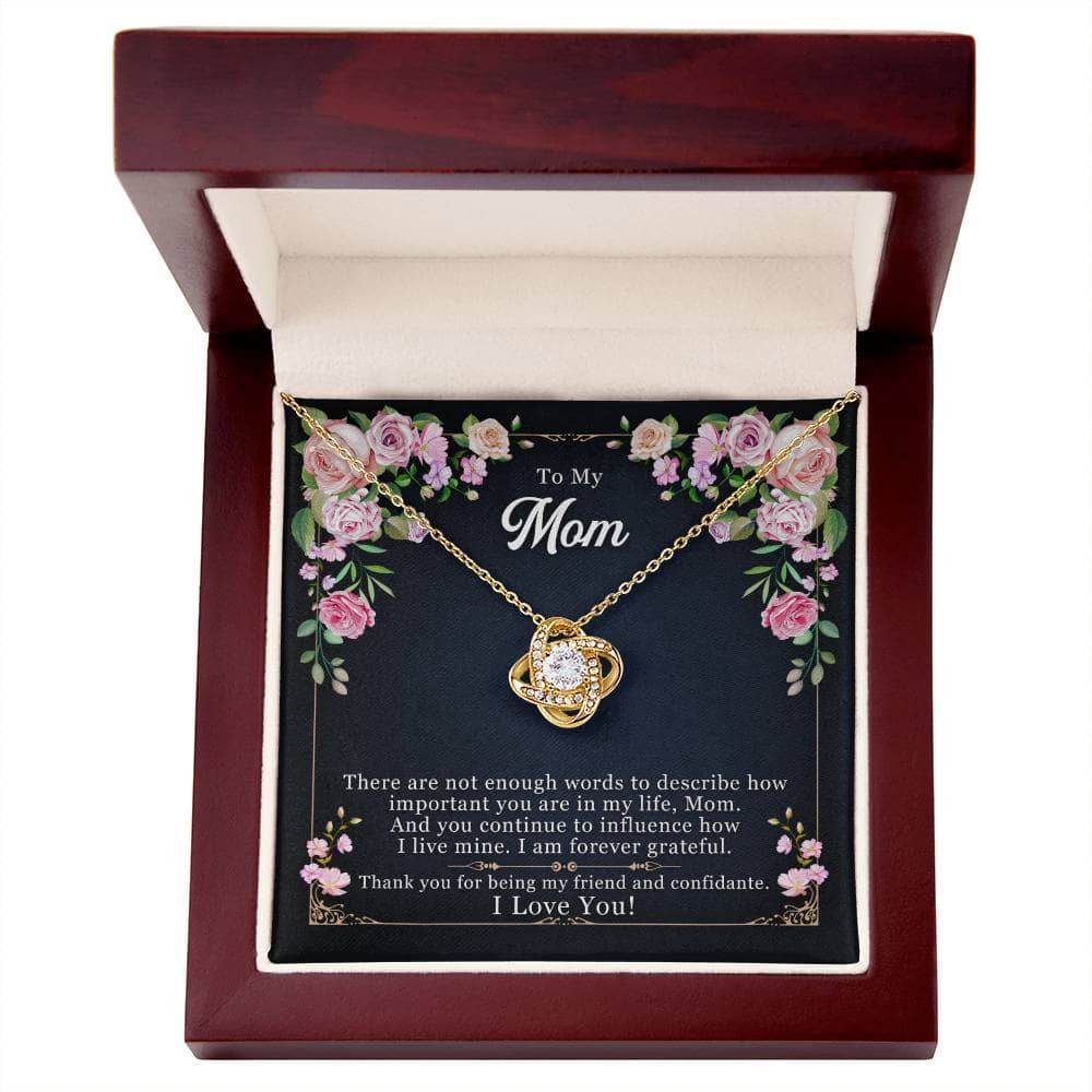 Alt text: "Personalized Mother Necklace - Love Knot Gift From Child, heart-shaped pendant with cubic zirconia crystals, adjustable chain options, luxuriously packaged in mahogany-style box with LED lighting."