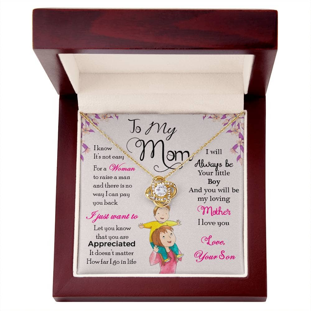 Alt text: "Personalized Mother Necklace - Love Knot Gift From Son/Daughter, a necklace in a box on a card"