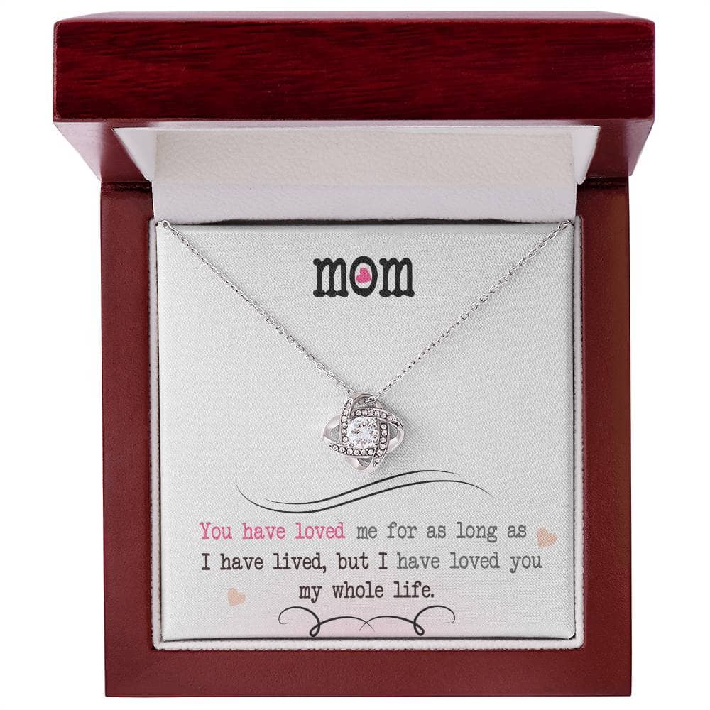 Alt text: "Personalized Mother Necklace - Love Knot Jewelry in a box with heart-shaped pendant and adjustable chain"