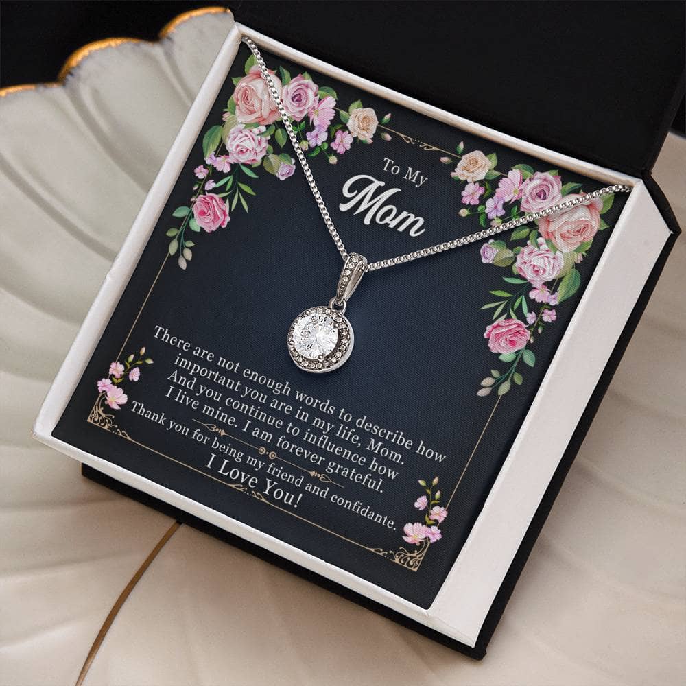 Alt text: "Personalized Mother Necklace in a box - silver pendant with cushion-cut cubic zirconia, adjustable chain styles, LED-installed mahogany-style box"