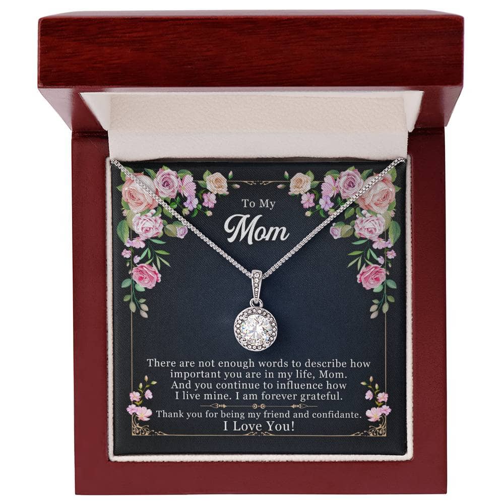 Alt text: "Personalized Mother Necklace - A necklace in a box with a heart-shaped pendant, symbolizing love and admiration. Adjustable chains available. Gift of elegance for moms. From Bespoke Necklace."