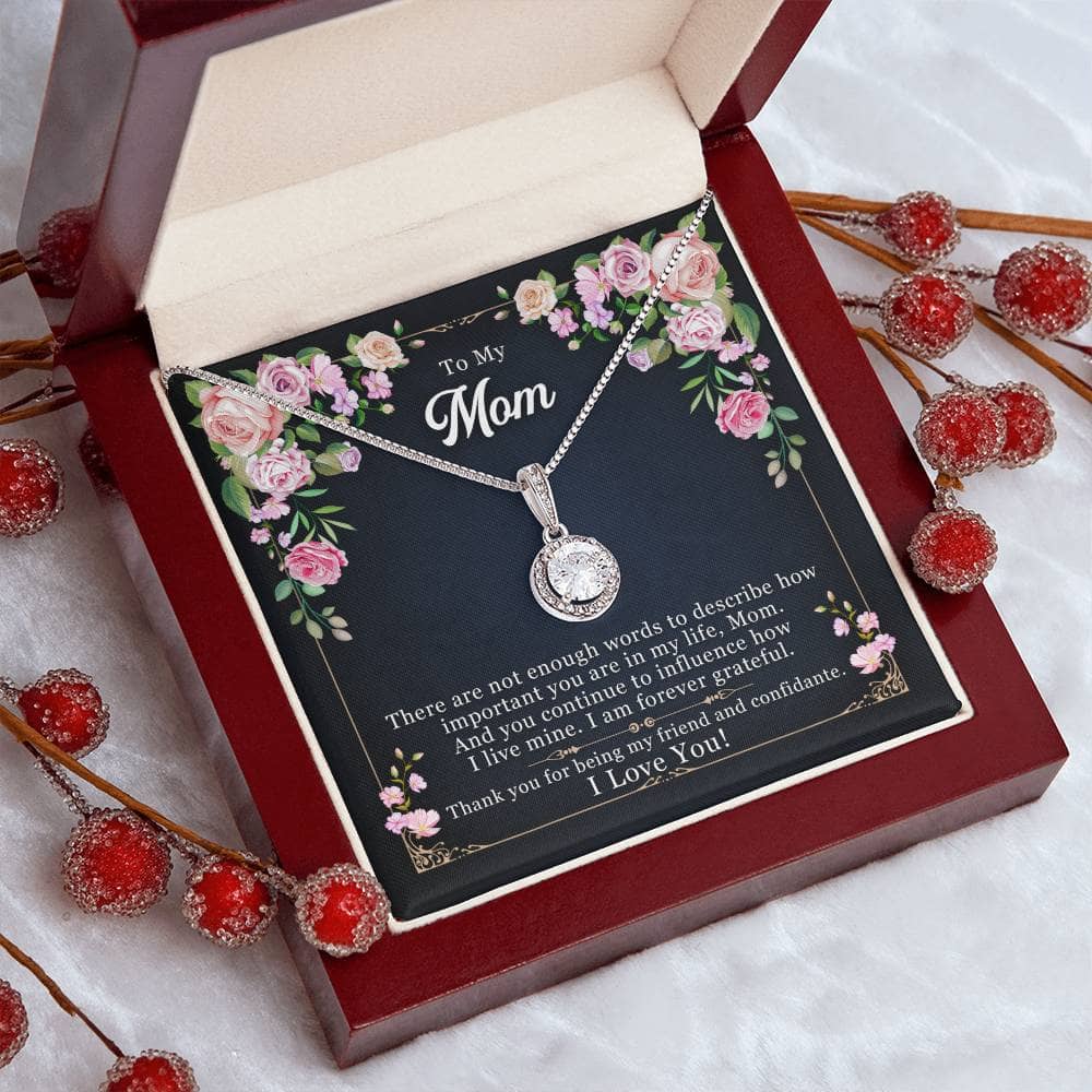 Alt text: "Personalized Mother Necklace in a mahogany-style box with LED light, featuring a heart-shaped pendant and cushion-cut cubic zirconia. Perfect gift for mom."