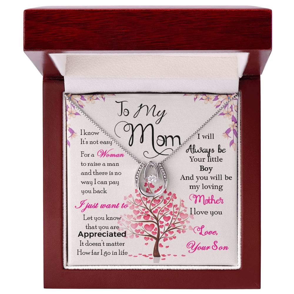 Alt text: "Personalized Mother Necklace in a luxurious mahogany-styled gift box with LED lighting"