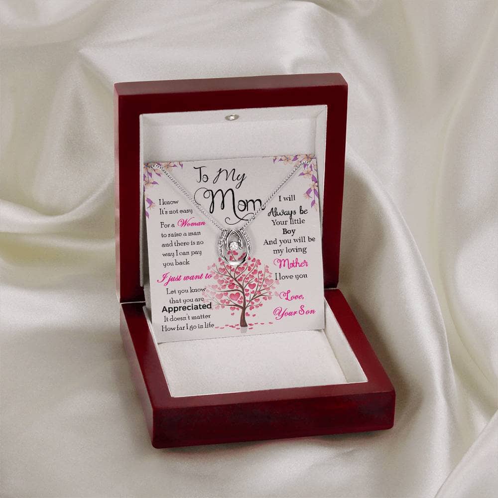 Alt text: "Premium Personalized Mother Necklace in a mahogany-styled gift box with pendant and adjustable chain."