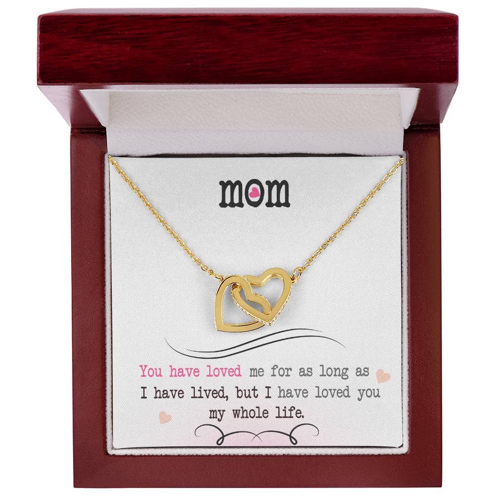 Alt text: "Personalized Mother Necklace with gold heart pendant in a box, symbolizing unwavering love and deep affection. Adjustable chain for comfortable wear. Perfect gift for mothers. Made with cushion-cut cubic zirconia accents."