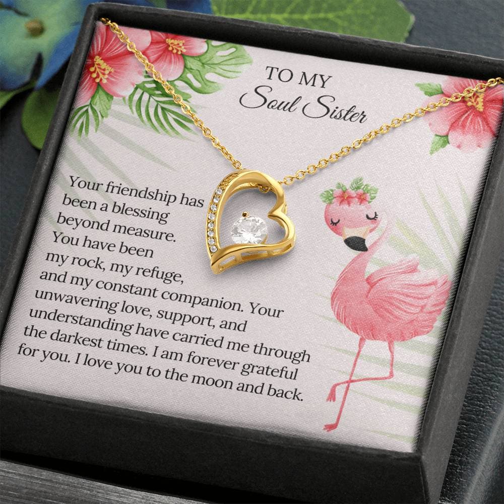A heart-shaped pendant necklace in a mahogany-style box with LED lighting. Celebrate the unbreakable bond of soul sisters with this personalized piece.