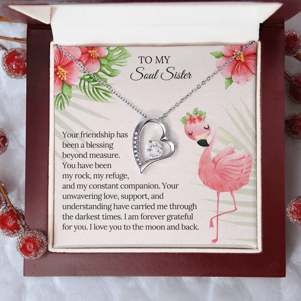 Alt text: "Personalized Soul Sister Heart Pendant Necklace in Mahogany-Style Box with LED Lighting - Symbol of Unbreakable Bond and Love"