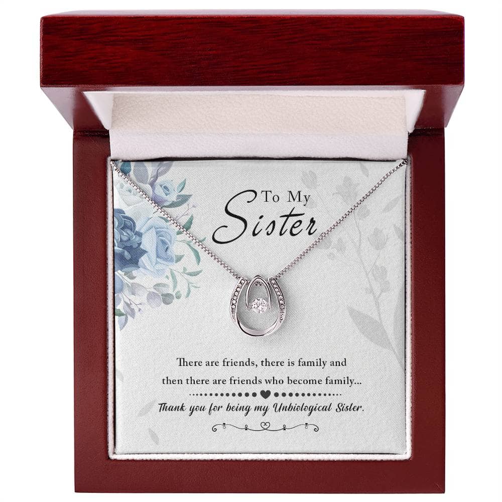 Alt text: "Personalized Soul Sister Necklace in a box - a symbol of profound connection, featuring a cushion-cut cubic zirconia pendant on an adjustable chain."
