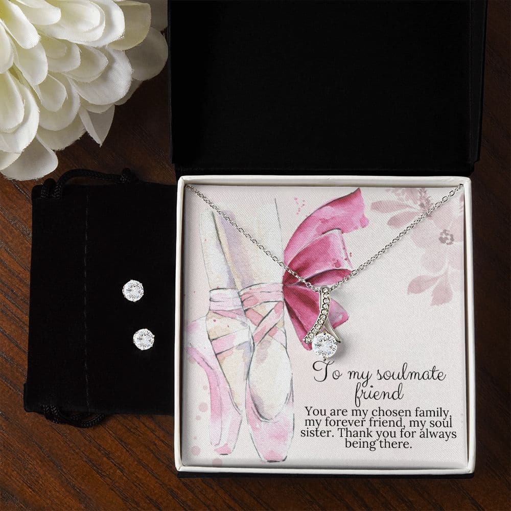 A box with a necklace and earrings from the Personalized Soul Sister Necklace - Everlasting Bond Collection.