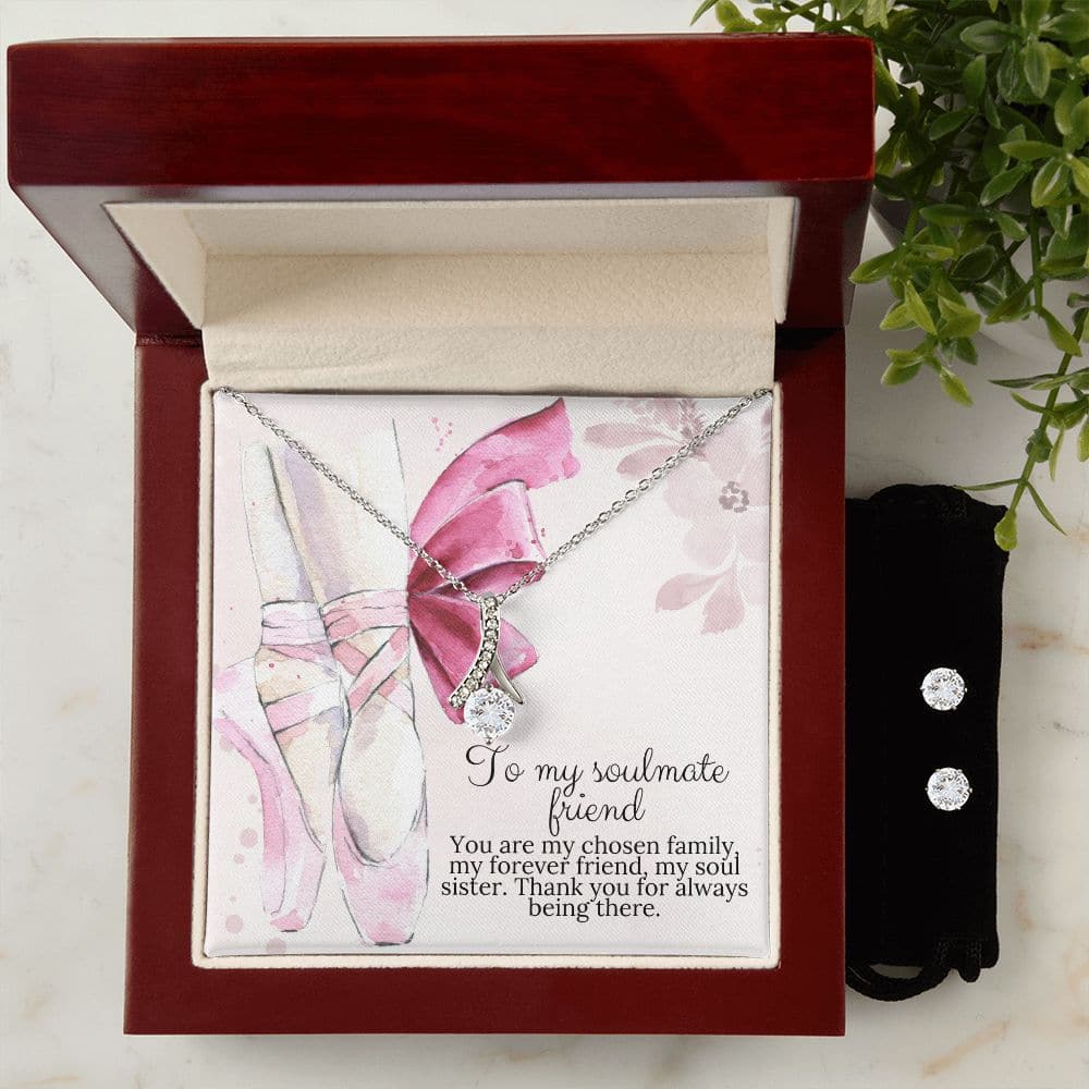 Alt text: "Personalized Soul Sister Necklace - Everlasting Bond Collection: Jewelry box with necklace and earrings inside"