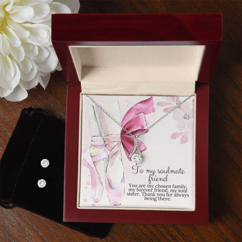 Alt text: "Personalized Soul Sister Necklace - Everlasting Bond Collection: A box with a necklace and earrings, symbolizing the cherished bond of sisterhood."