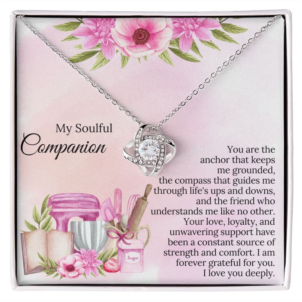 Alt text: "Personalized Soul Sister Necklace - A heart-shaped pendant with cubic zirconia on an adjustable chain, presented in a mahogany-style box."