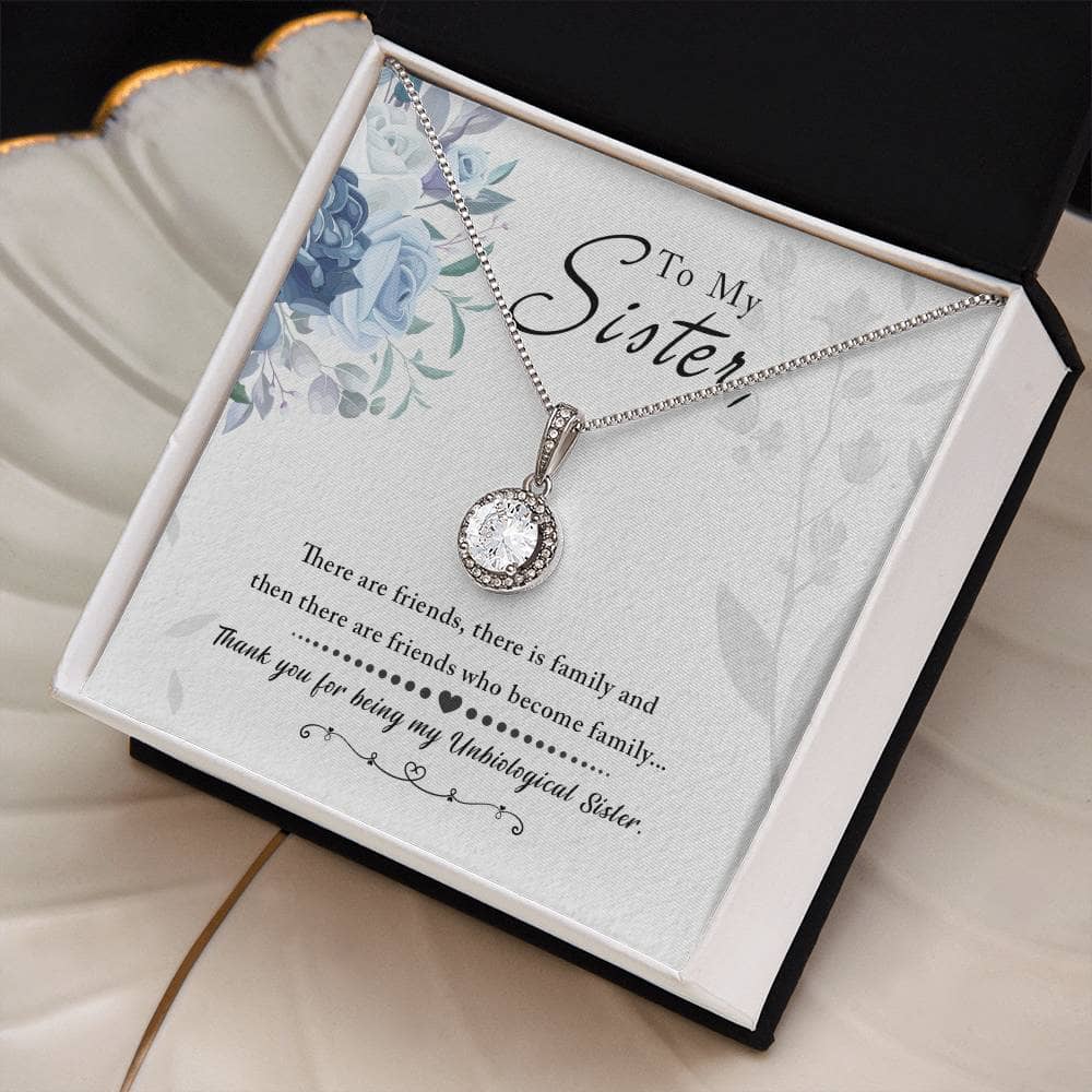 Alt text: "Personalized Soul Sister Necklace, heart pendant design, in a box with exquisite packaging and cushion-cut cubic zirconia."