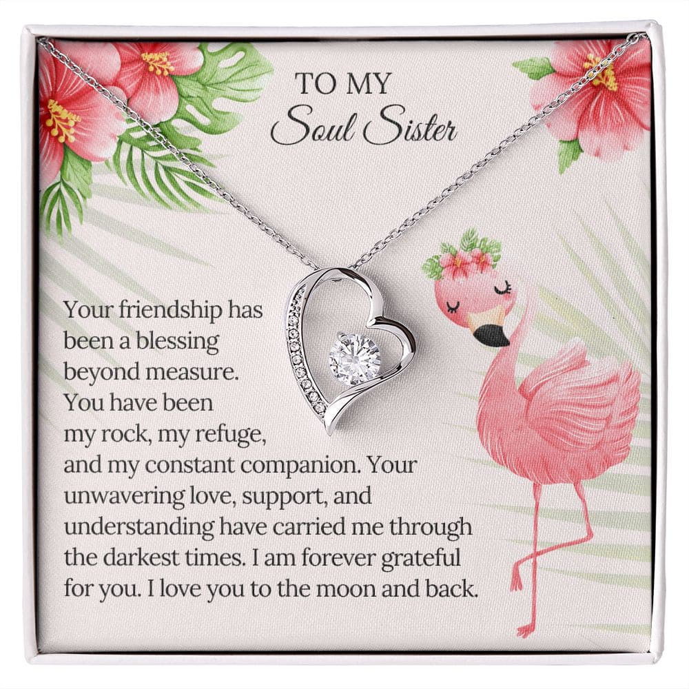 Alt text: "Personalized Soul Sister Necklace: Inseparably Bonded Design - Necklace in a box with diamond heart pendant, symbolizing unwavering love and friendship. Available in white or yellow gold. Adjustable chain length of 18"-22" with lobster clasp. Elegantly packaged for gifting."