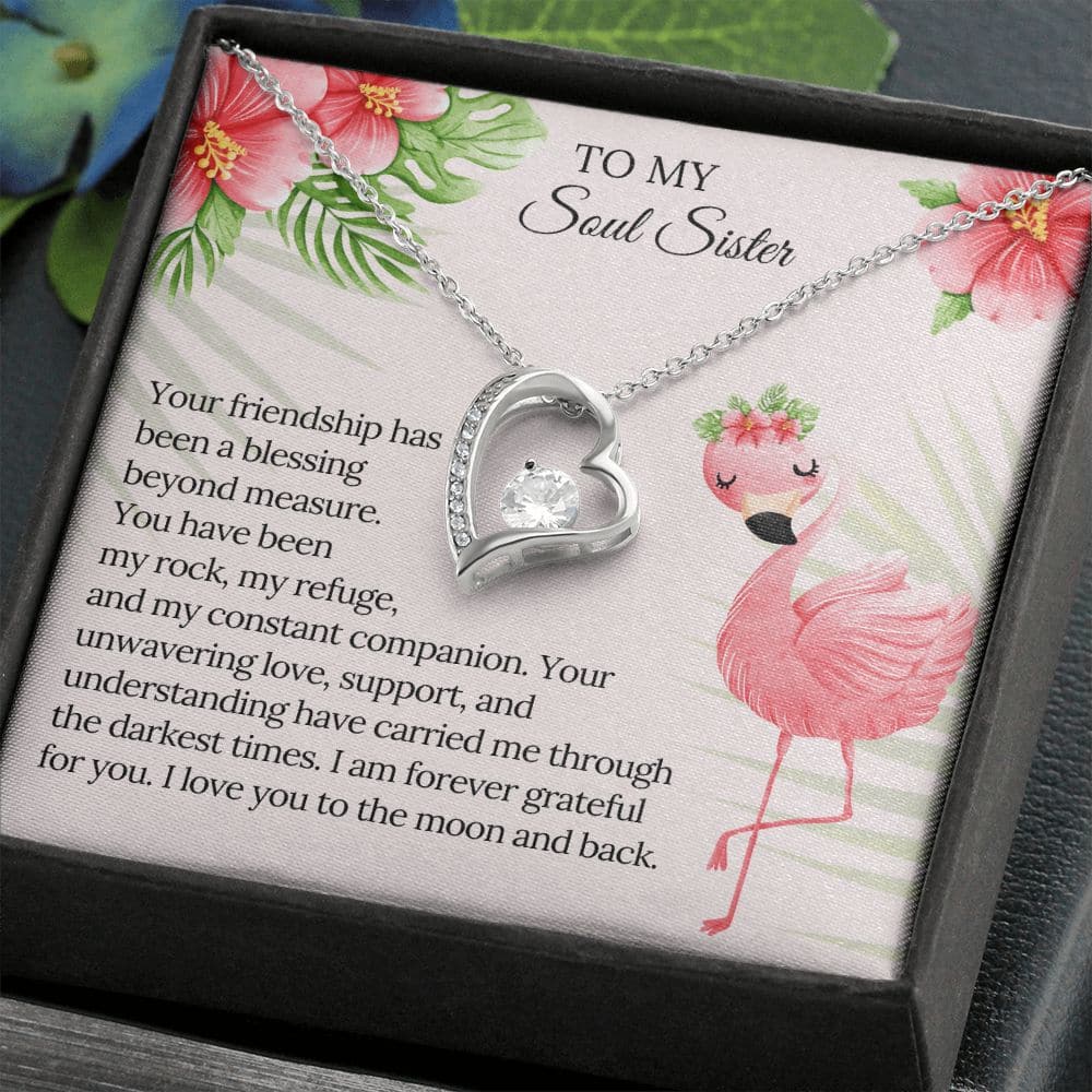 Alt text: "Personalized Soul Sister Necklace: Inseparably Bonded Design - A heart-shaped pendant with cubic zirconia crystals, symbolizing an everlasting bond between siblings. Available in 14k white gold or 18k yellow gold. Adjustable chain length of 18"-22" with a lobster clasp. Elegantly packaged in a soft touch box."
