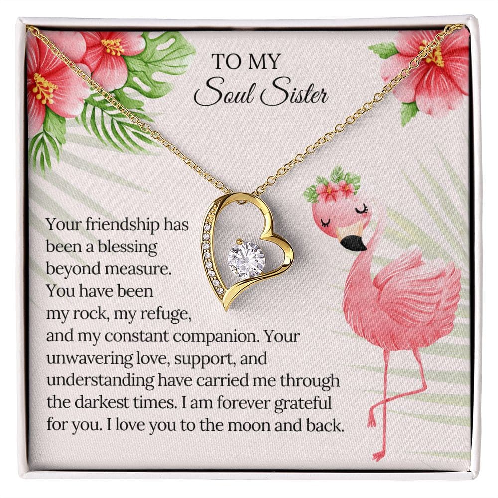 Alt text: "Personalized Soul Sister Necklace: Inseparably Bonded Design - necklace in a box with gold heart and diamond pendant, symbolizing unwavering love and friendship. Available in 14k white gold or 18k yellow gold. Adjustable chain length of 18" - 22" with lobster clasp. Elegantly packaged for gifting."