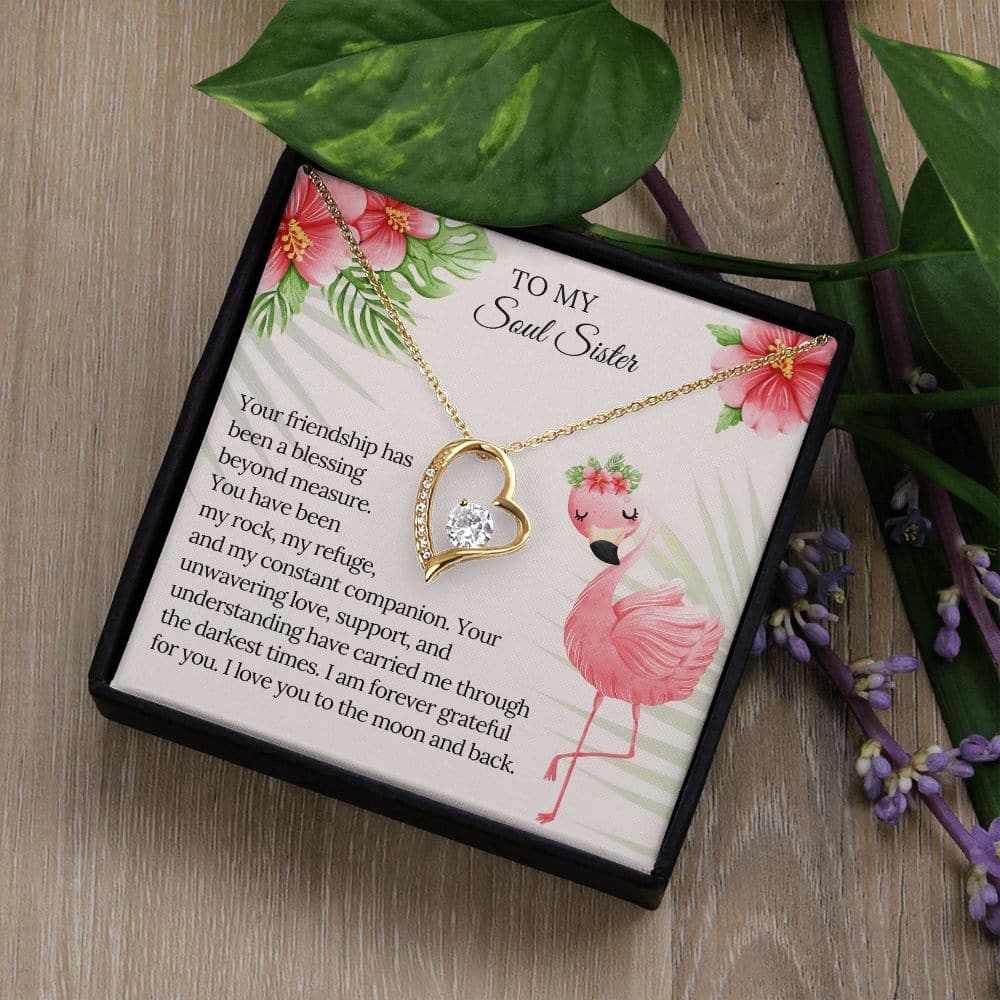 Alt text: "Personalized Soul Sister Necklace: Heart-shaped pendant in a box, symbolizing an inseparable bond between sisters."