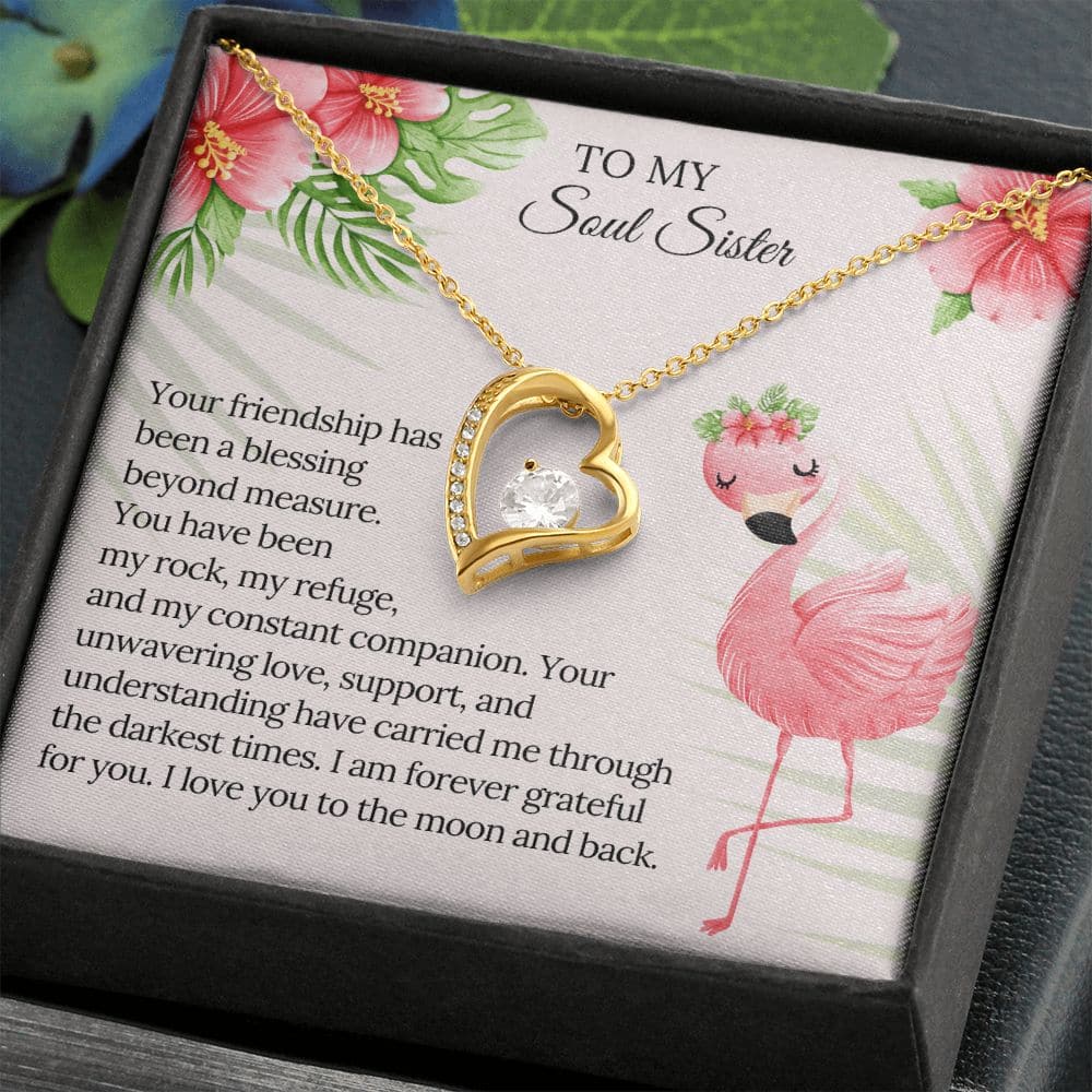 A necklace in a box, symbolizing an inseparable bond between soul sisters. The pendant features a heart for two, adorned with cubic zirconia crystals. Available in 14k white gold or 18k yellow gold. Adjustable chain length of 18" - 22" with a lobster clasp. Elegantly packaged, perfect for gifting.