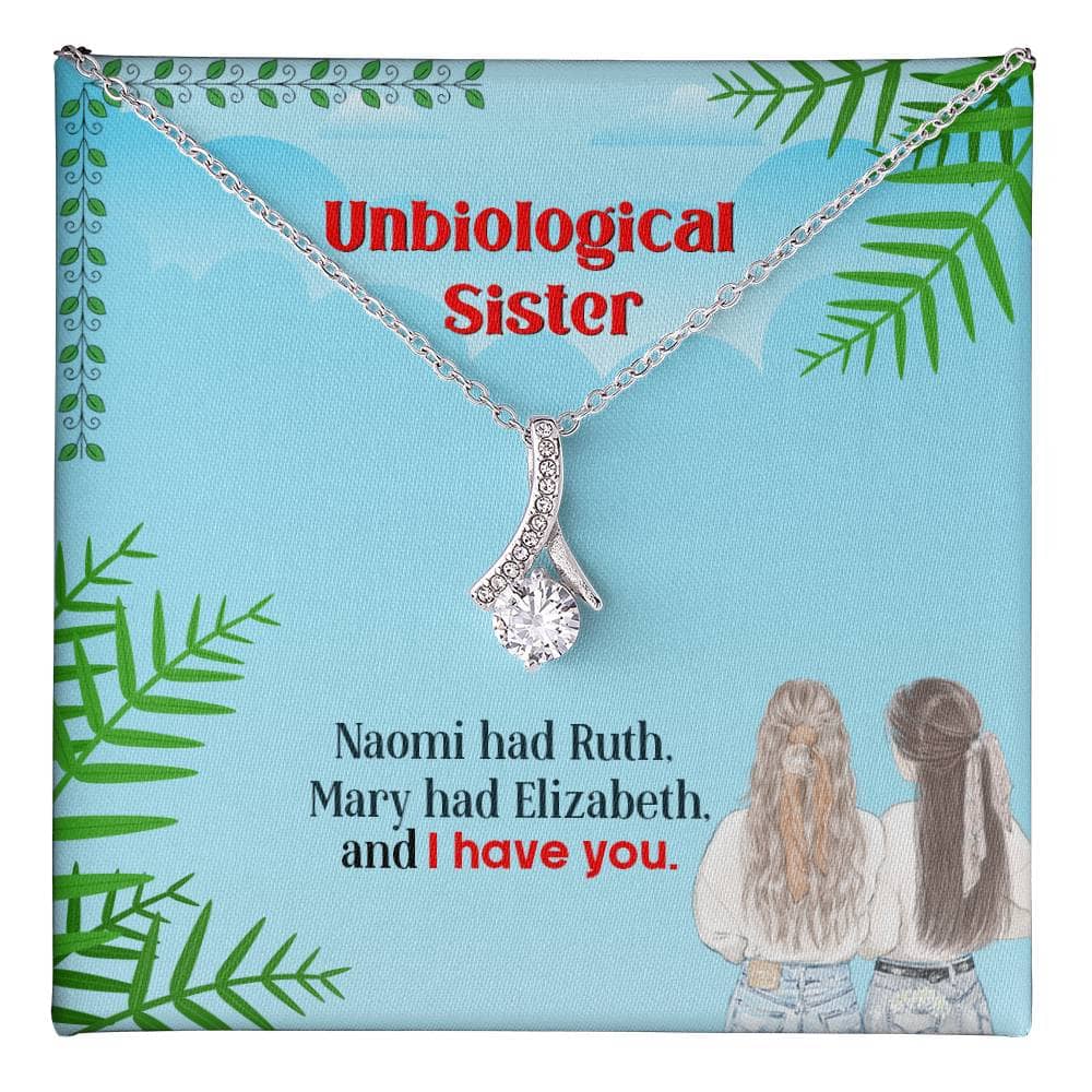 A personalized necklace symbolizing the unbreakable bond between unbiological sisters. Features a pendant with intertwined hearts or a love knot design. Crafted with 14k white gold or 18k gold finish and a 7mm cubic zirconia. Adjustable length of 18"-22". Comes in an elegant mahogany-styled box with LED lighting. Perfect for special occasions and celebrating sisterhood.