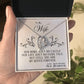 Alt text: "A hand holding the Personalized Wife Necklace in a box, featuring a heart-shaped pendant with a cushion-cut cubic zirconia centerpiece. Express your love with this elegant, forever love gift."