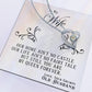 Alt text: "Personalized Wife Necklace: Radiant cushion-cut CZ centerpiece in heart-shaped pendant on card"