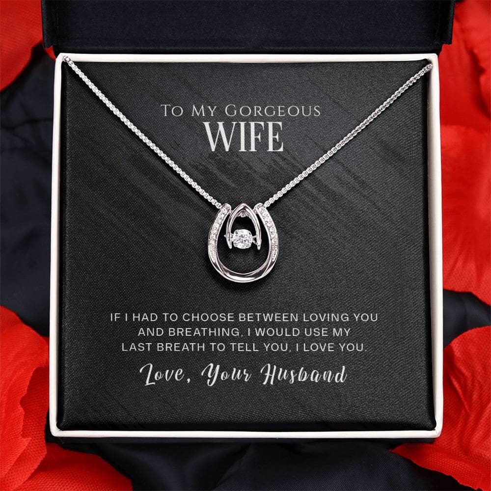 Alt text: "Personalized Wife Necklace - Heart-shaped pendant with cubic zirconia, packaged in a deluxe gift box with LED lighting."